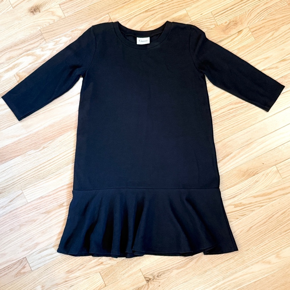 GANNI black ruffle-hem‎ jersey shift dress — M, ¾ sleeve